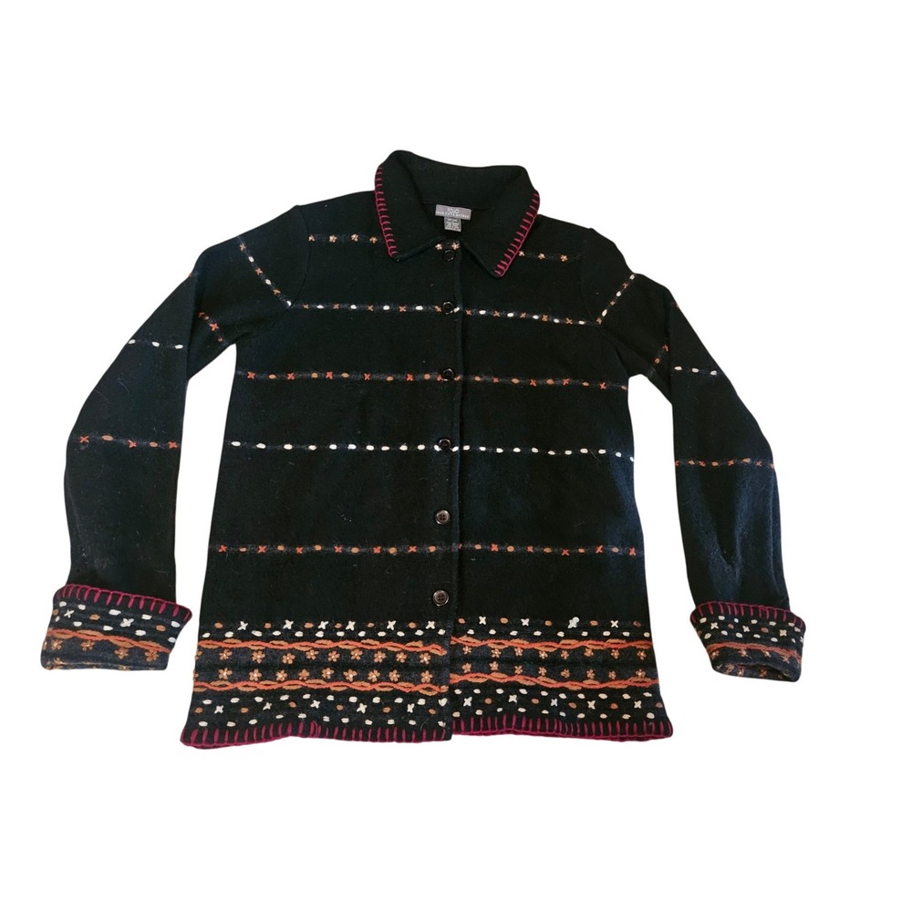 Folio Saks Fifth Avenue Women Black 100% Wool Embroidered Cardigan Sweater Small
